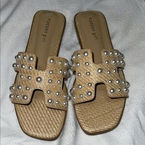 Madden Girl Tan Pearl Studded Slide Sandals